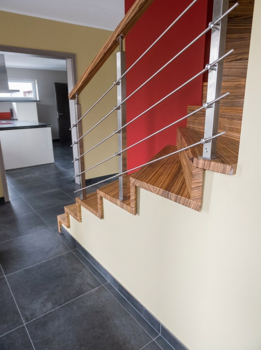 Betontreppe mit Zebrano-Holzstufen und Edelstahlgeländer, Ansicht von der Seite