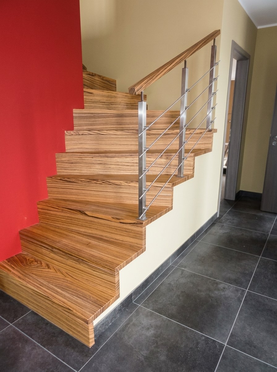 Betontreppe mit Zebrano-Holzstufen vor roter Wand