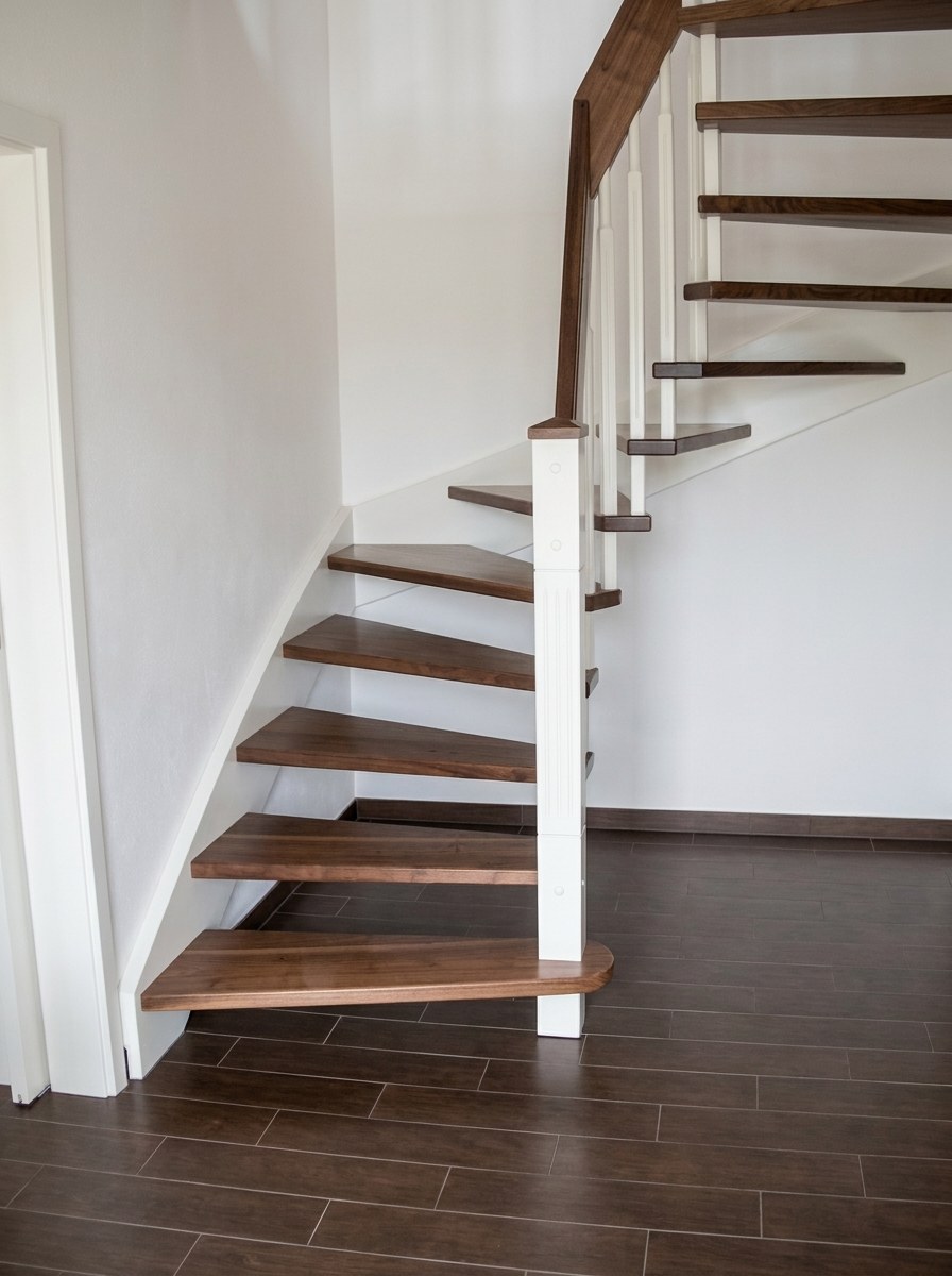 Geländertragende Treppe mit dunklen Stufen und weißem Pfosten