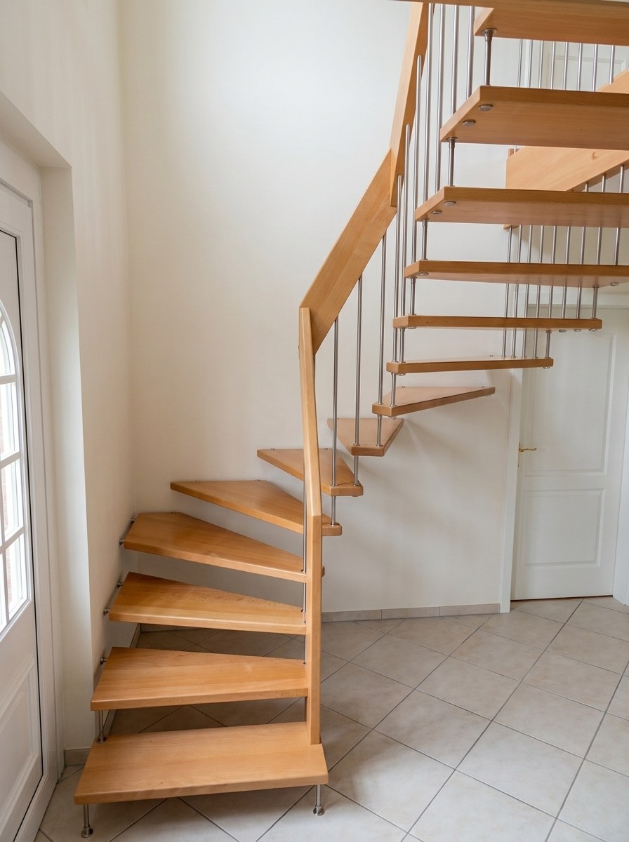 Geländertragende Treppe aus Buche mit Edelstahlstäben
