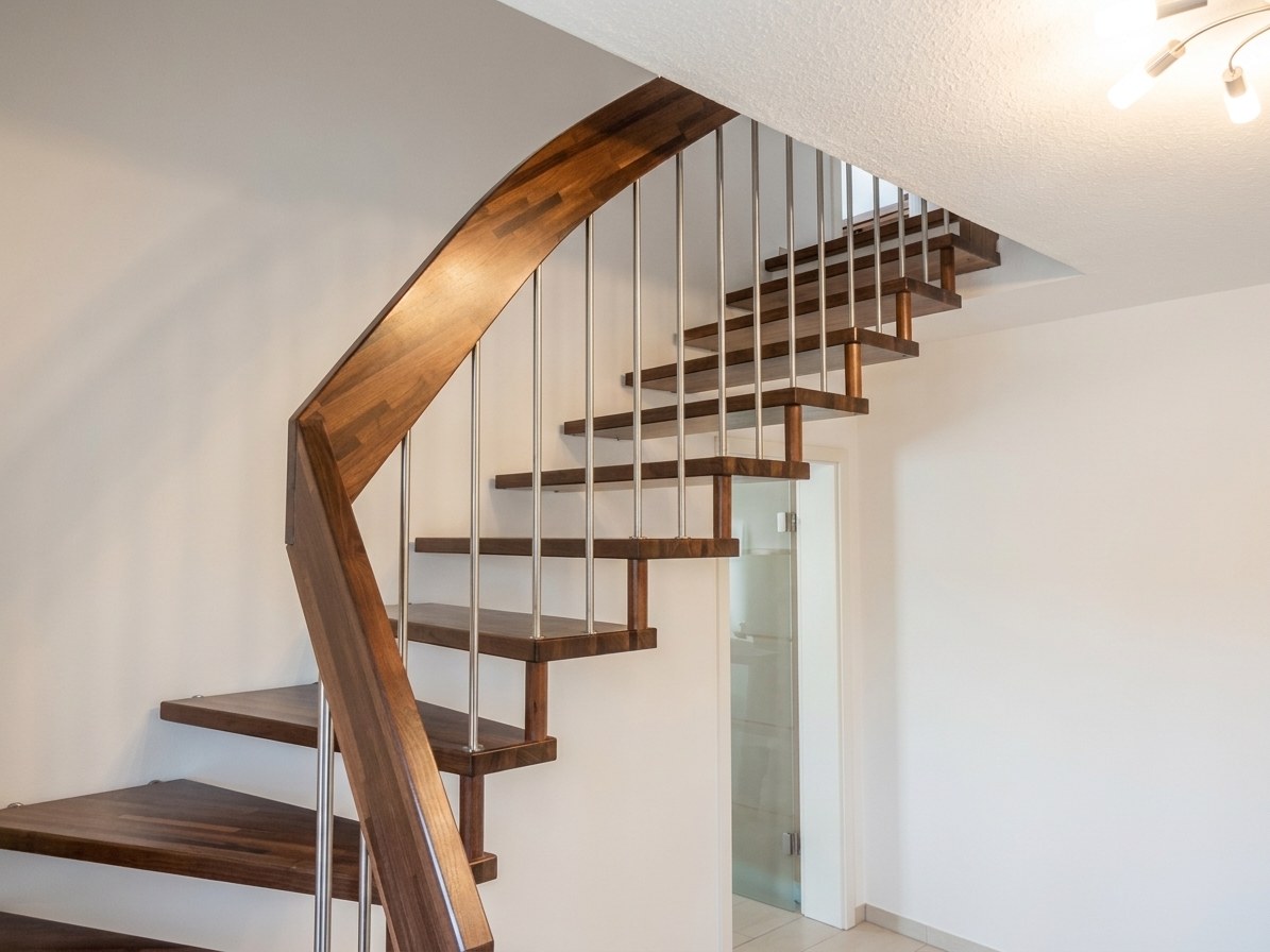 Geländertragende Treppe in Nussbaum mit Edelstahlstäben