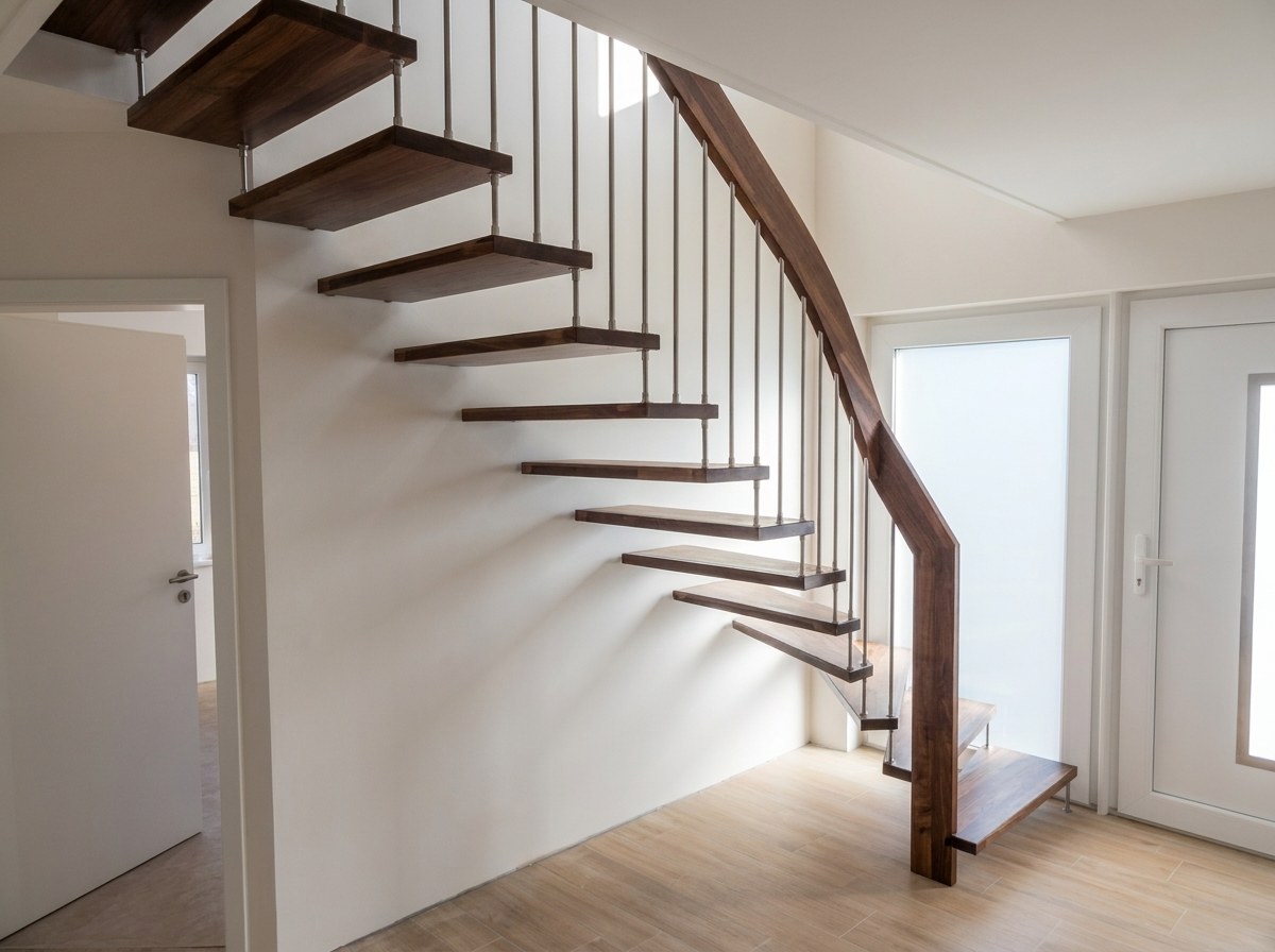 Geländertragende Treppe mit dunklen Stufen und Edelstahlstäben