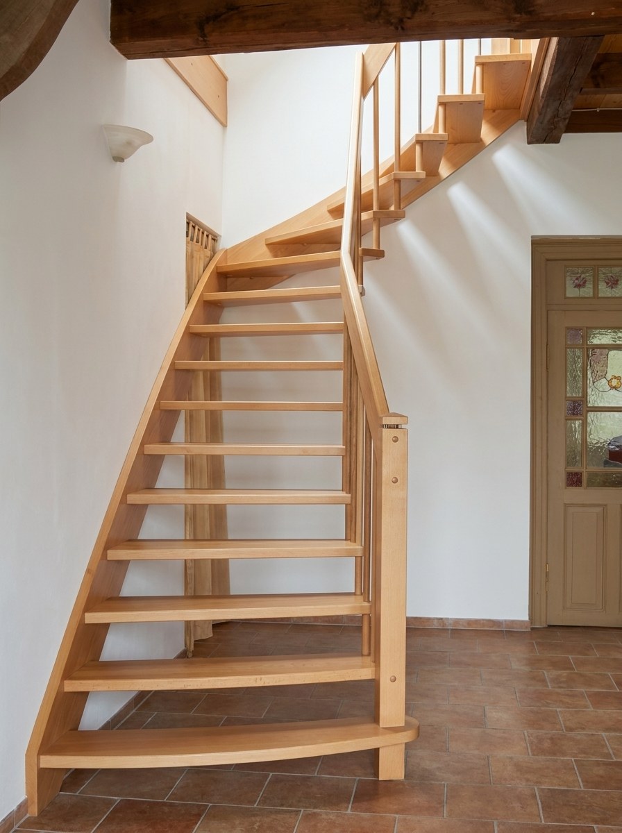 Geländertragende Treppe aus Buche in offenem Raum