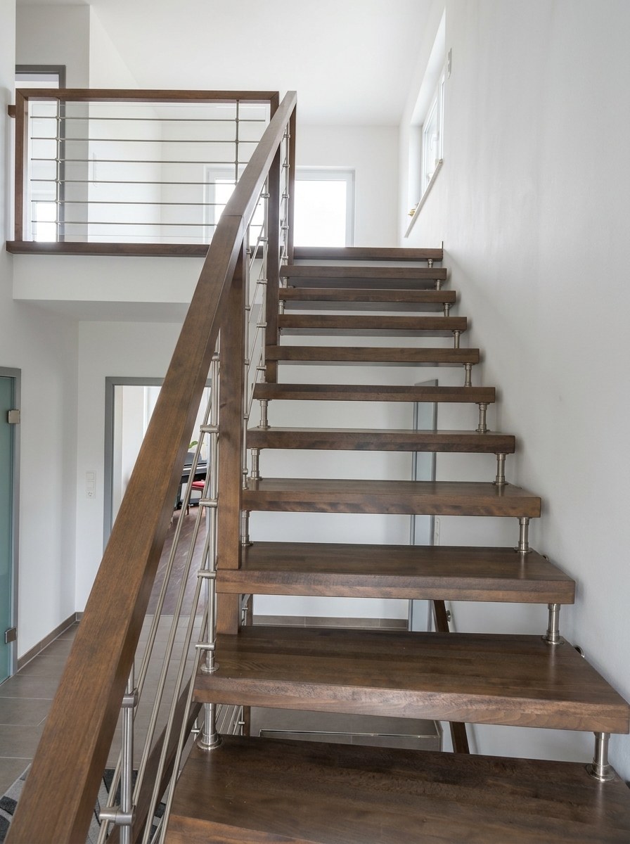 WF2-Treppe mit Eichenstufen an Wandbolzen und Handlauf