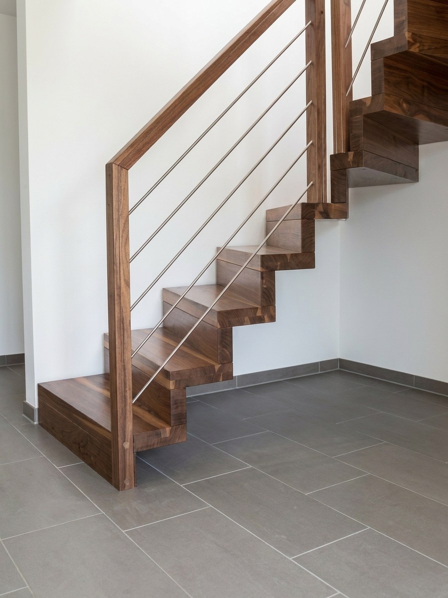 Faltwerktreppe in Nussbaum mit Edelstahlstäben
