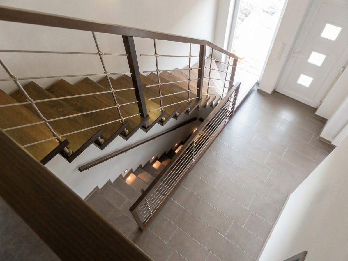 WF2-Treppe mit Edelstahlgeländer im Treppenhaus von oben