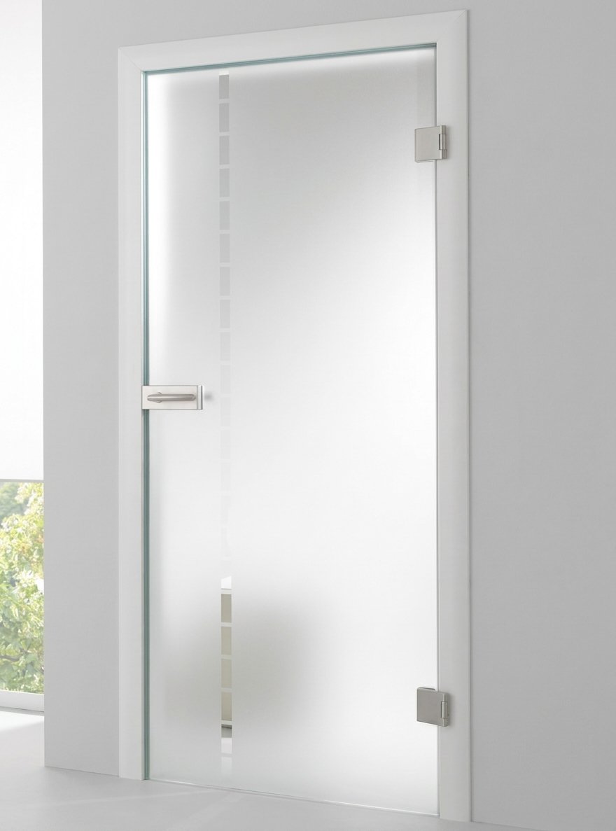 Ganzglastür mit mattierter Fläche und klarem Motivstreifen in weißer Zarge