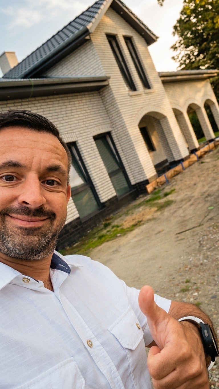 André Kochanek vor einem Neubau mit weißer Klinkerfassade